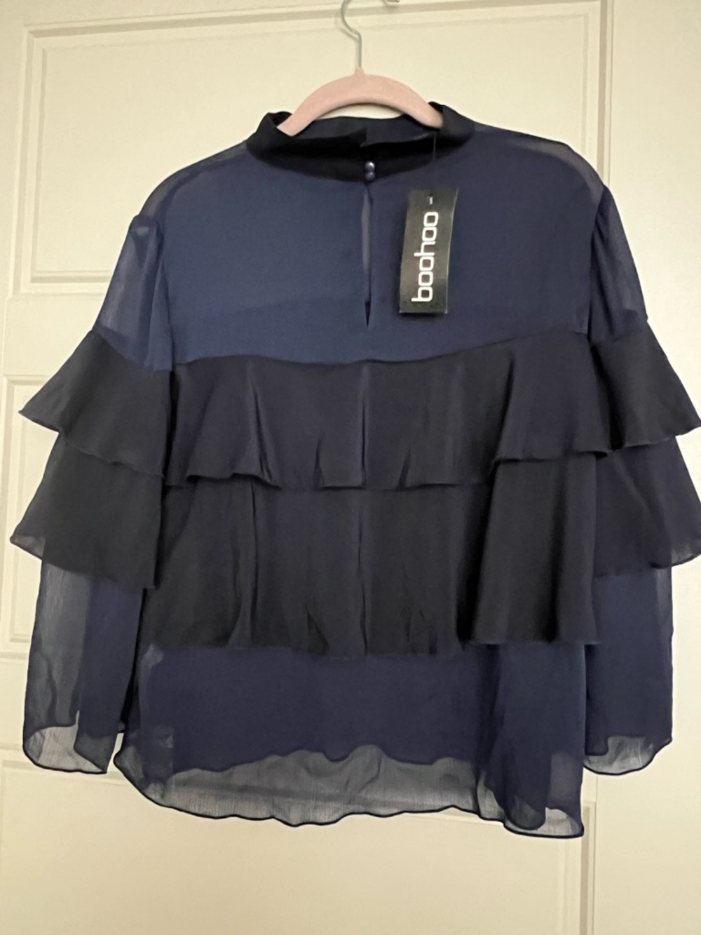 Boohoo Navy Sheer Ruffle Layered Blouse - Picture 3 of 7